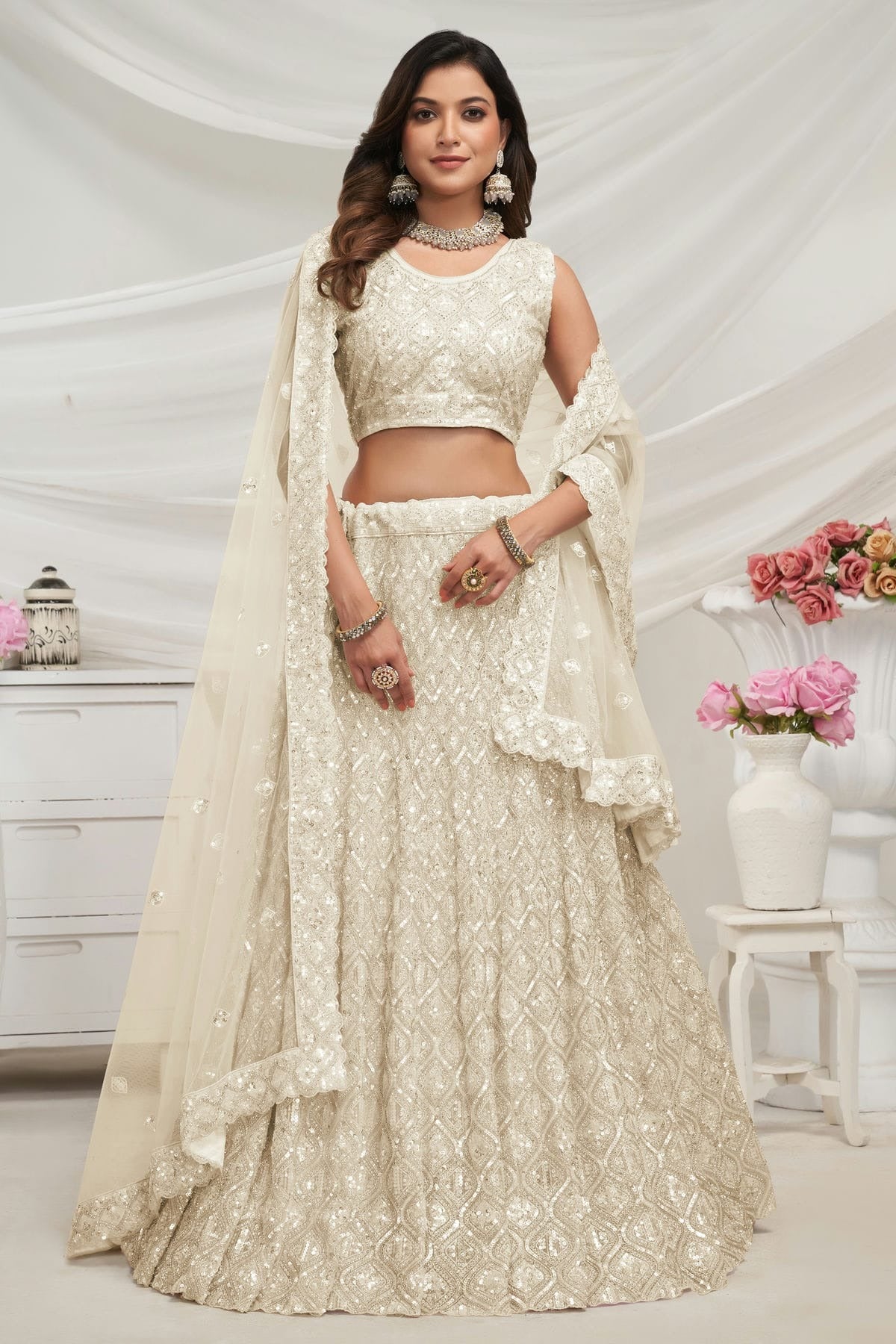 Off White Colour Soft Net Lehenga Choli LC1030020