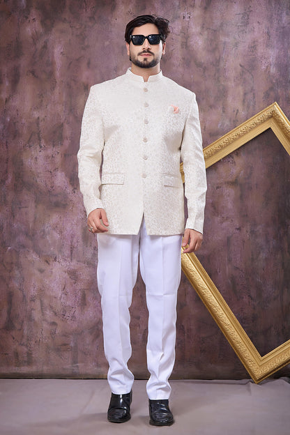 Off White Colour Thread Work Embroidery Imported Fabric Jodhpuri