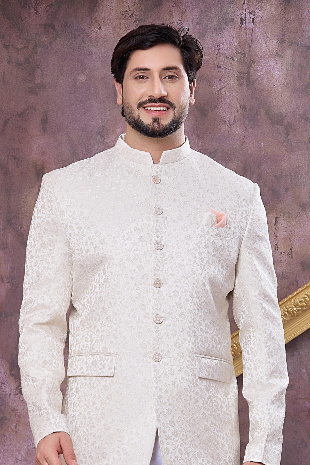 Off White Colour Thread Work Embroidery Imported Fabric Jodhpuri