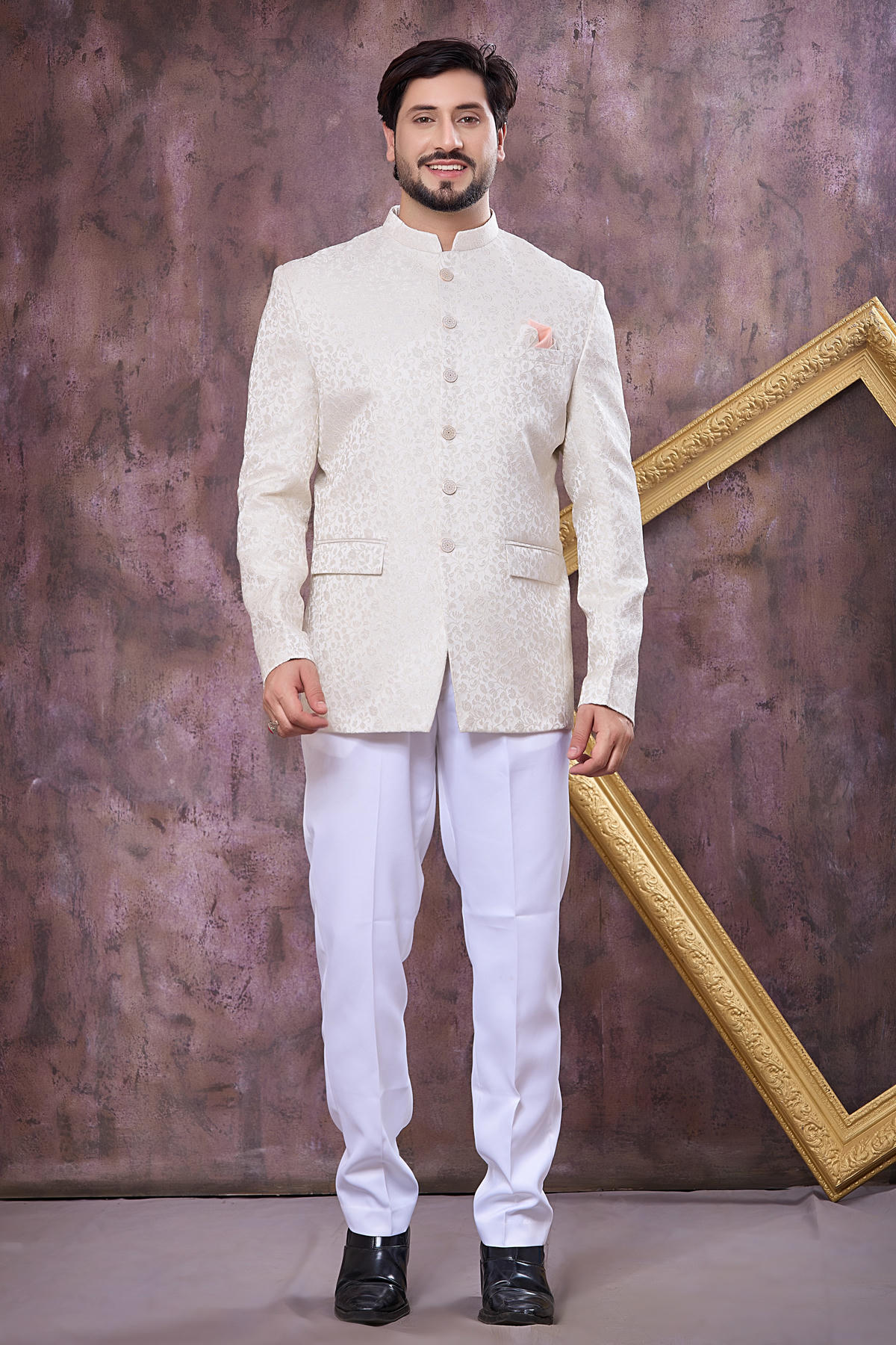 Off White Colour Thread Work Embroidery Imported Fabric Jodhpuri