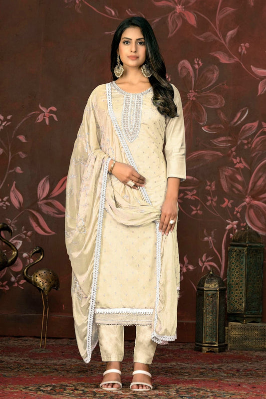 Off White Colour Unstitched Modal Cotton Pant Style Suit US1161249