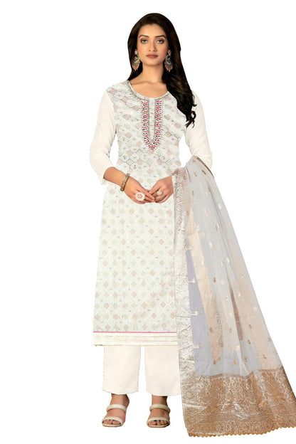 Off White Colour Unstitched Modal Silk Fabric Straight Suit US1160976