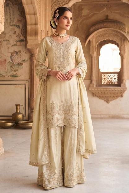 Off White Colour Viscose Embroidery Work Palazzo Pant Suit
