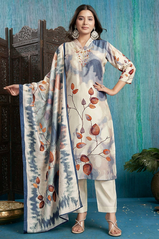 Off White Colour Viscose Silk Stitched Suit SS1112263