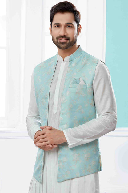 Off White Sky Blue Colour Indo Western In Silk Dupion Fabric SH1040480 A