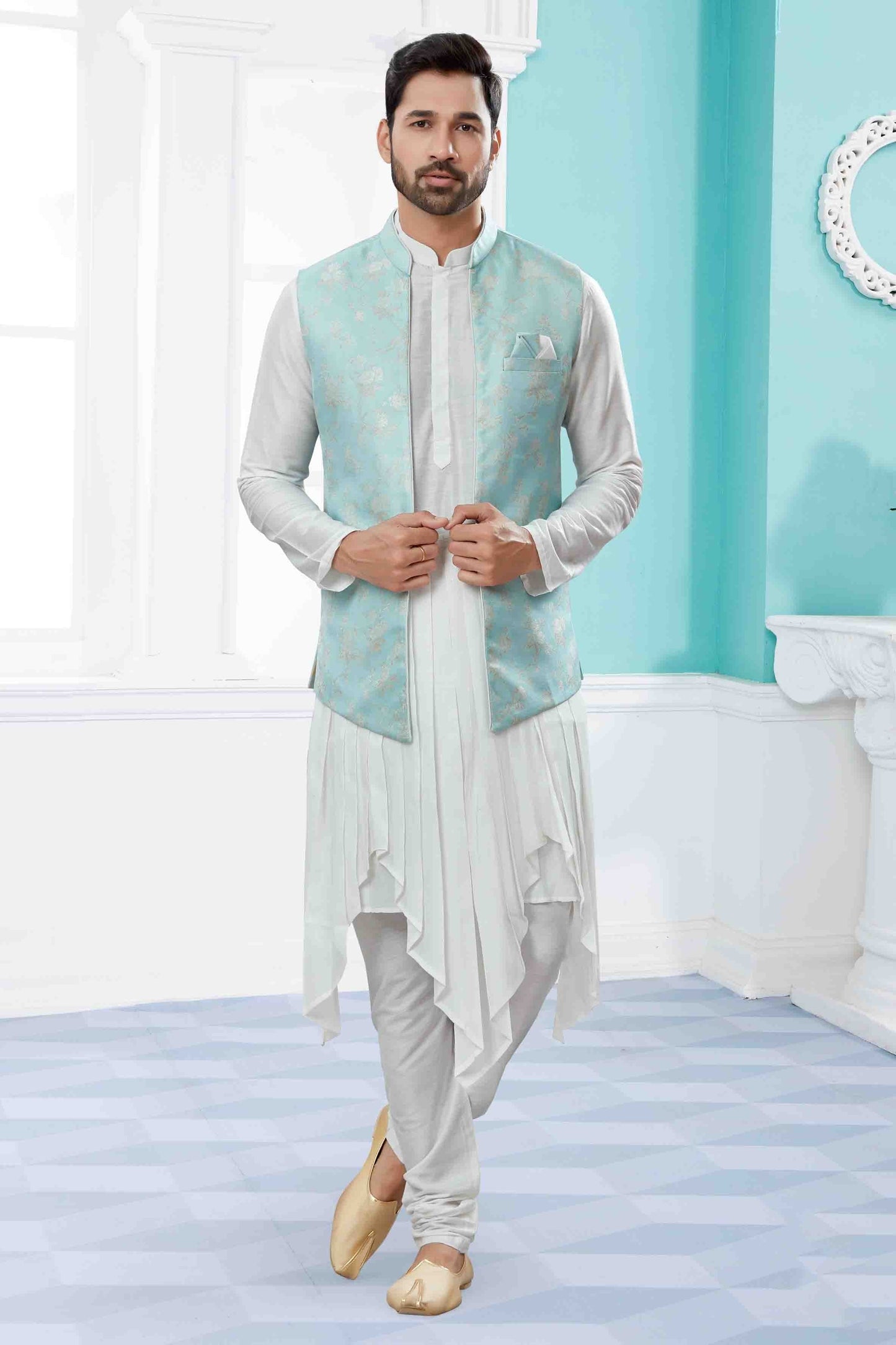 Off White Sky Blue Colour Indo Western In Silk Dupion Fabric SH1040480