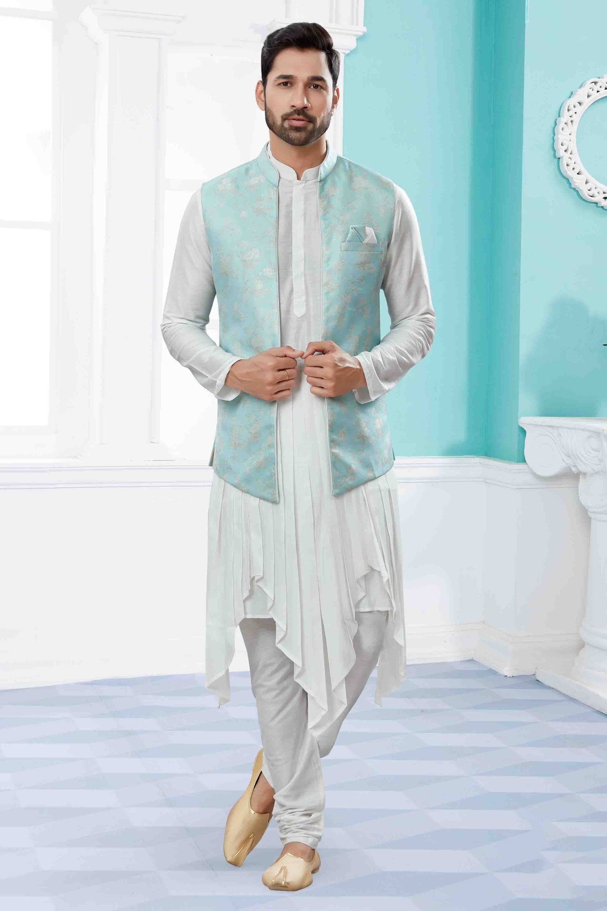 Off White Sky Blue Colour Indo Western In Silk Dupion Fabric SH1040480