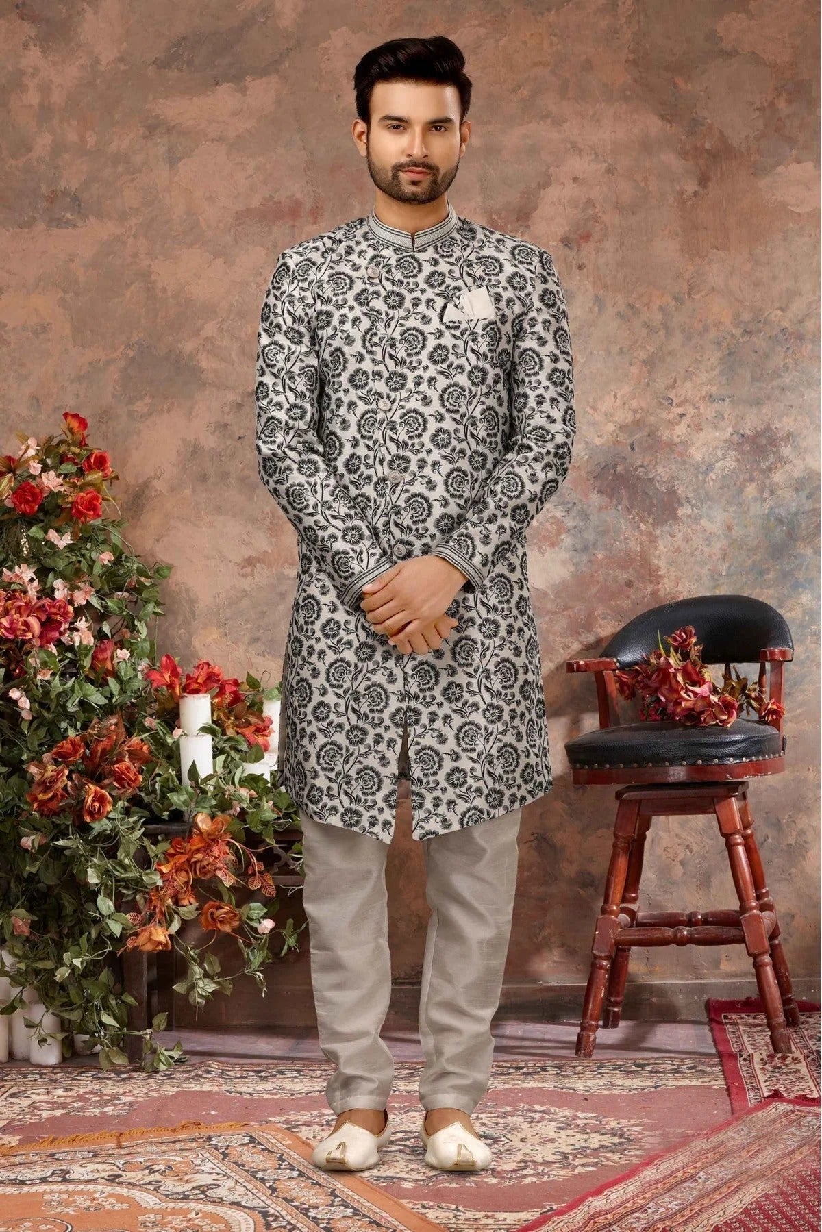 Off White and Black Colour Jacquard Digital Print Sherwani SH1040328