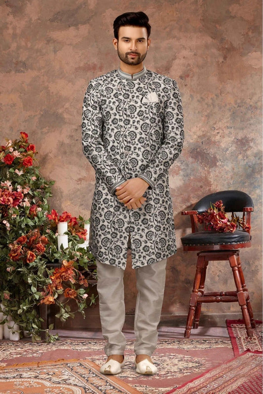 Off White and Black Colour Jacquard Digital Print Sherwani SH1040328