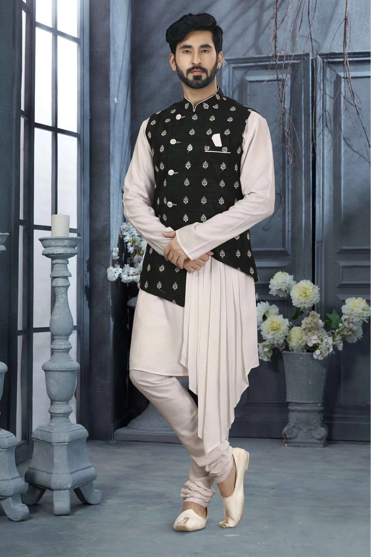 Off White and Black Colour Kurta Pajama With Jacket In Silk Dupion Fabric KP1040186