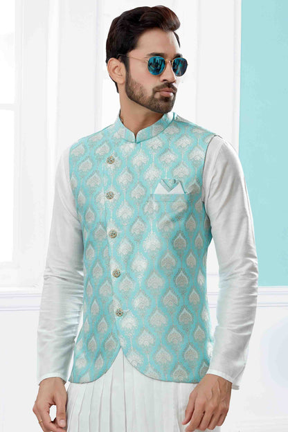 Off White and Blue Colour Indo Western In Silk Dupion Fabric SH1040471 A