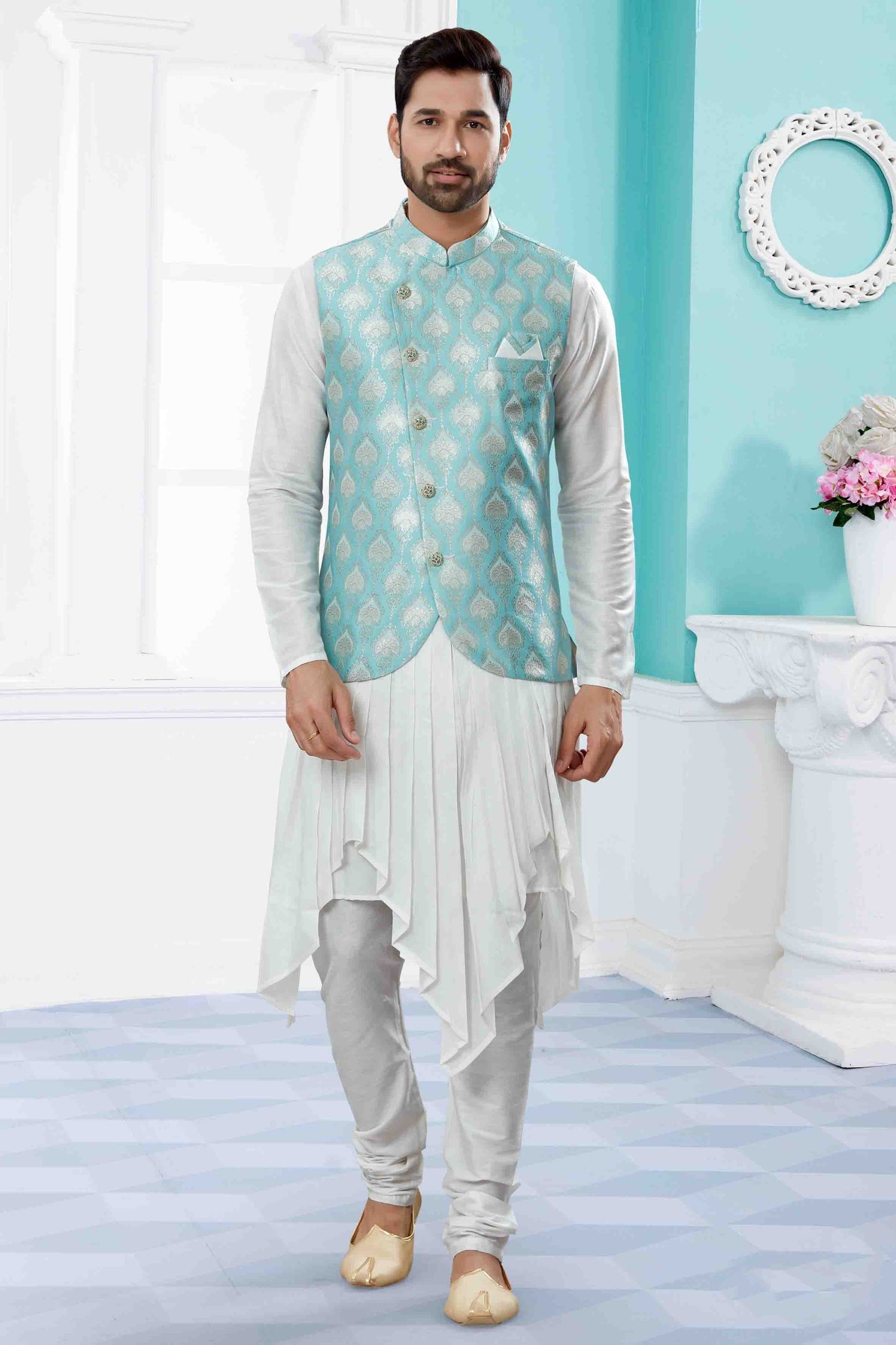 Off White and Blue Colour Indo Western In Silk Dupion Fabric SH1040471