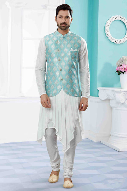 Off White and Blue Colour Indo Western In Silk Dupion Fabric SH1040471