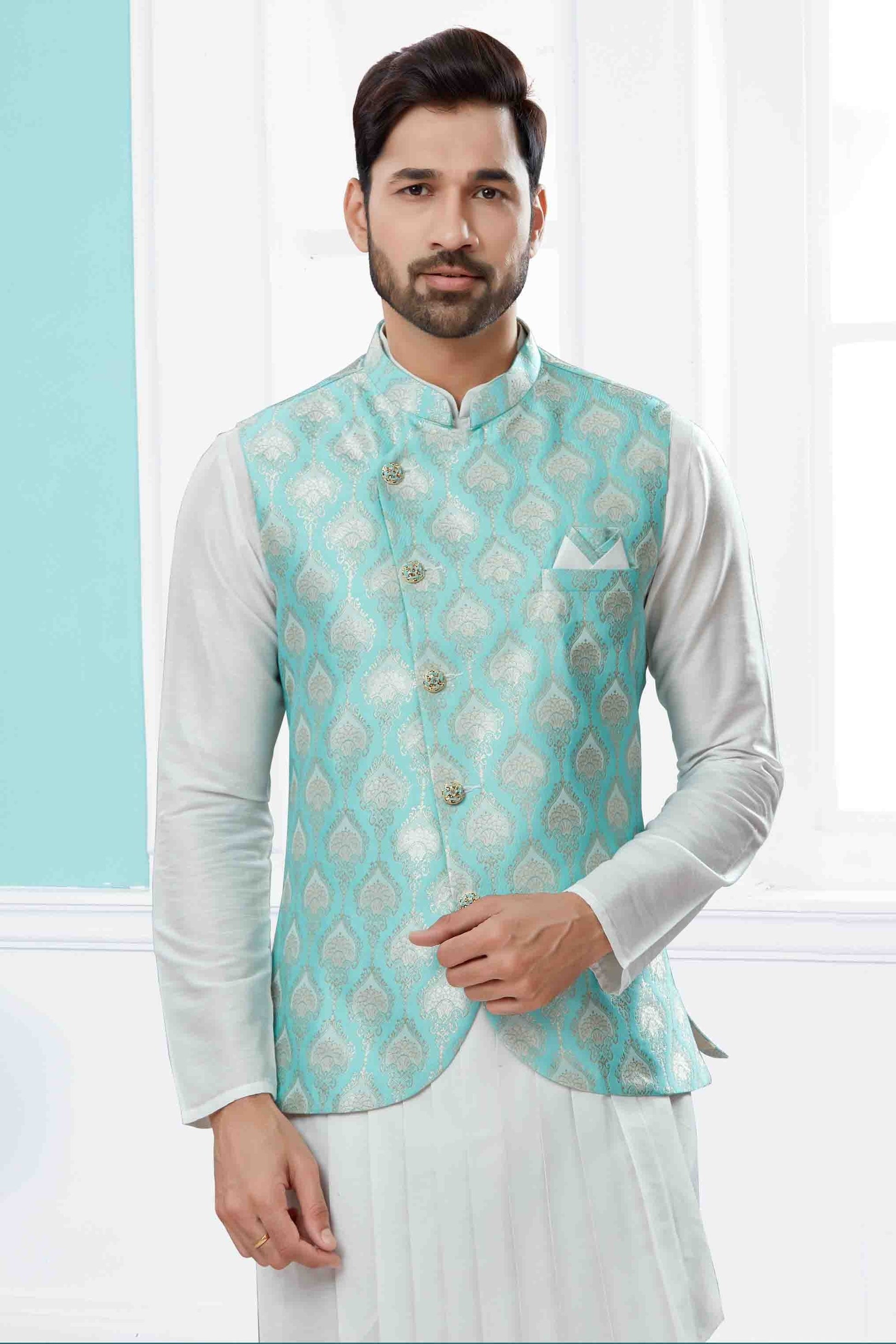 Off White and Blue Colour Indo Western In Silk Dupion Fabric SH1040473 A