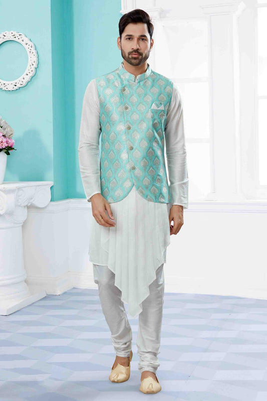 Off White and Blue Colour Indo Western In Silk Dupion Fabric SH1040473