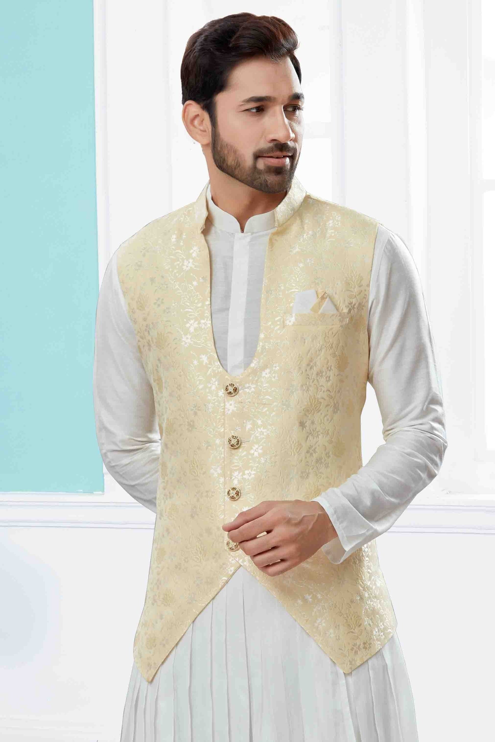 Off White and Cream Colour Indo Western In Silk Dupion Fabric SH1040475 A