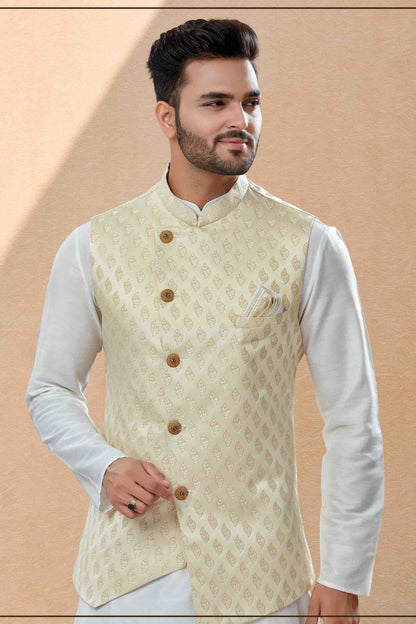 Off White and Cream Colour Kurta Pajama With Jacket In Silk Dupion Fabric KP1040457 A