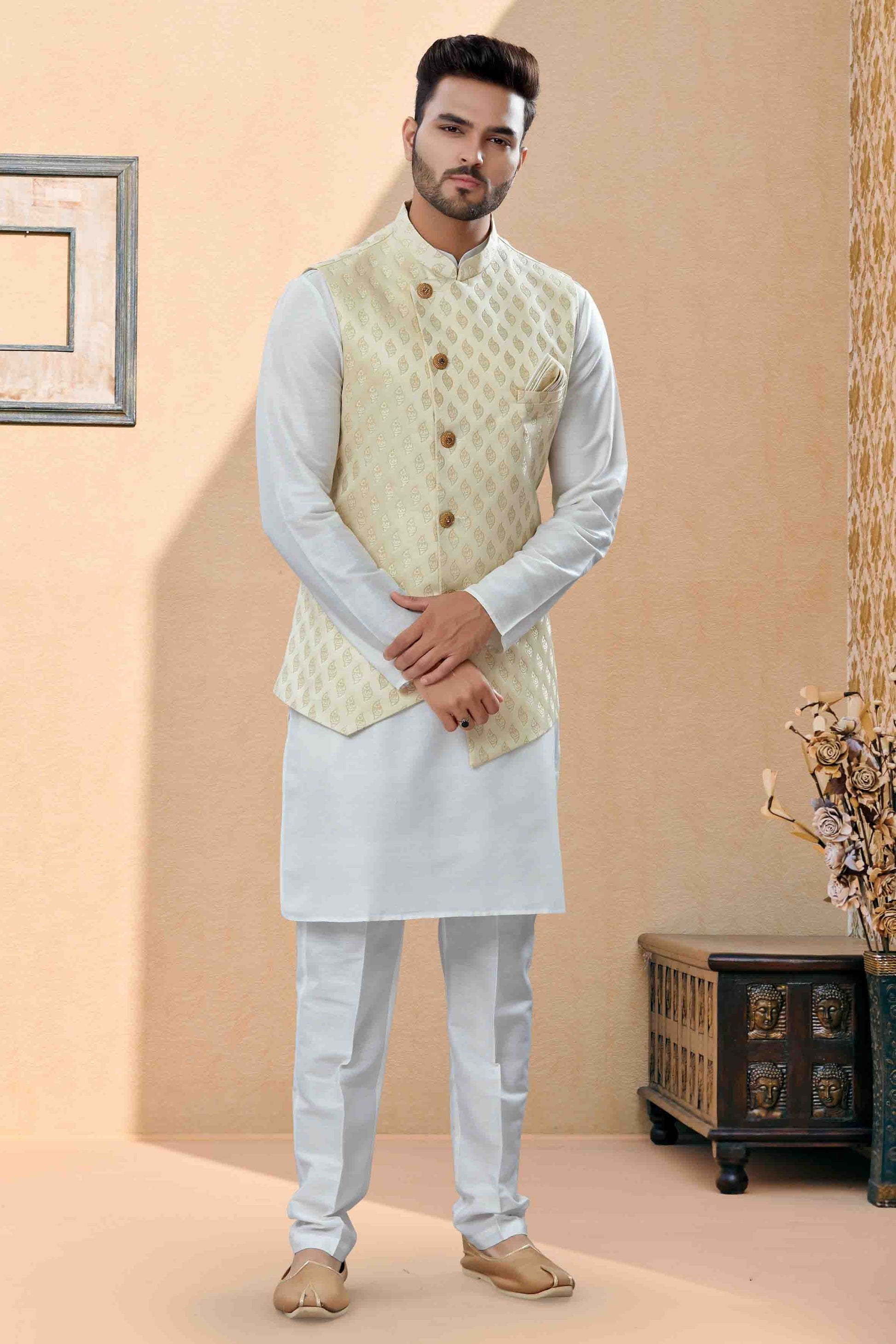 Off White and Cream Colour Kurta Pajama With Jacket In Silk Dupion Fabric KP1040457