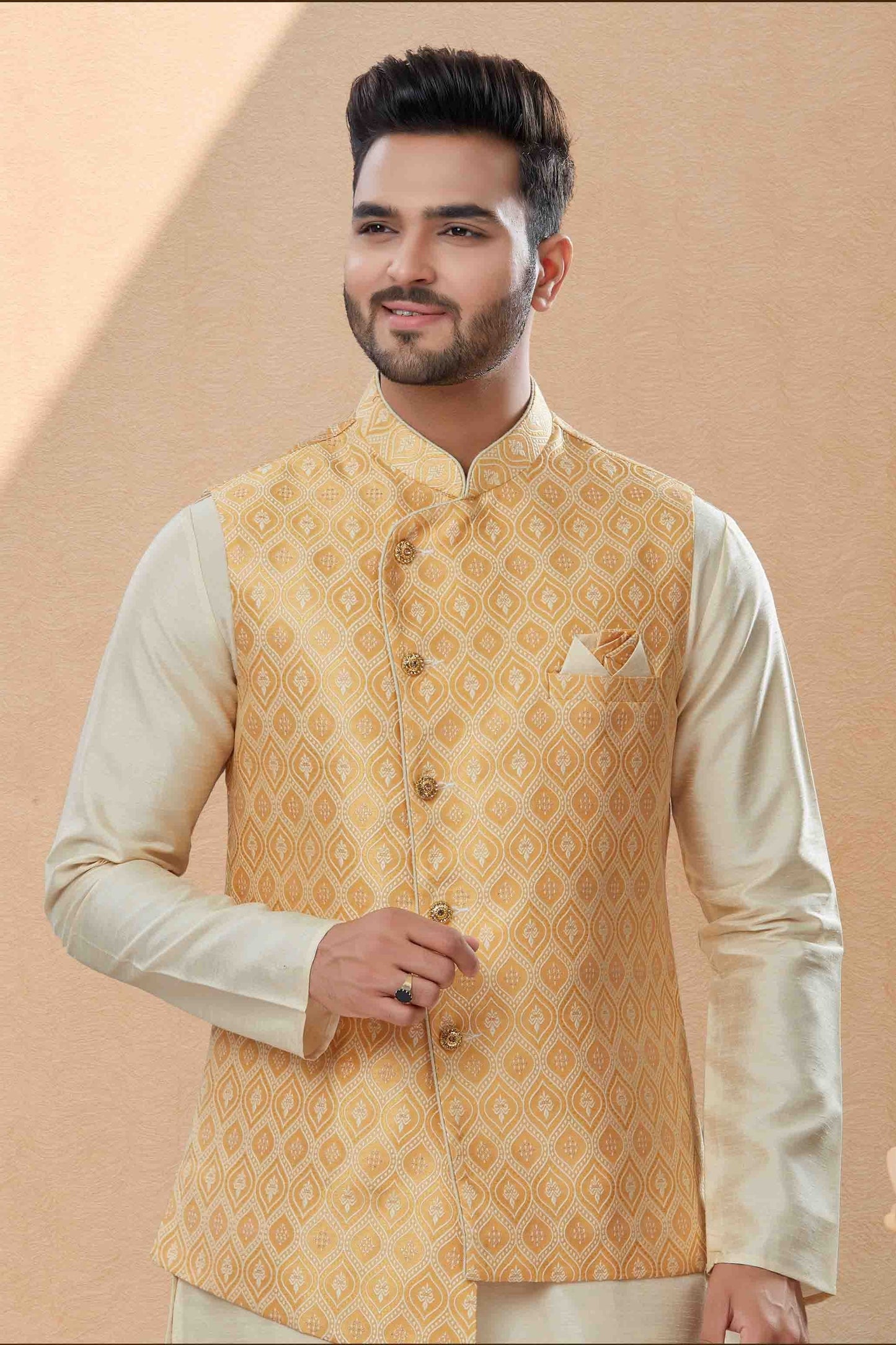 Off White and Cream Colour Kurta Pajama With Jacket In Silk Dupion Fabric KP1040467 A