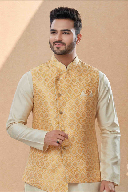 Off White and Cream Colour Kurta Pajama With Jacket In Silk Dupion Fabric KP1040467 A