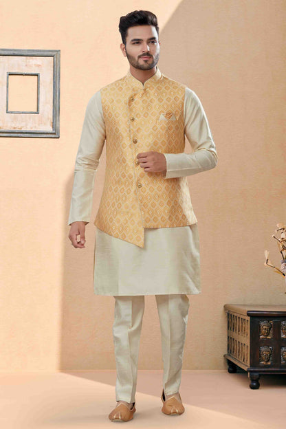 Off White and Cream Colour Kurta Pajama With Jacket In Silk Dupion Fabric KP1040467