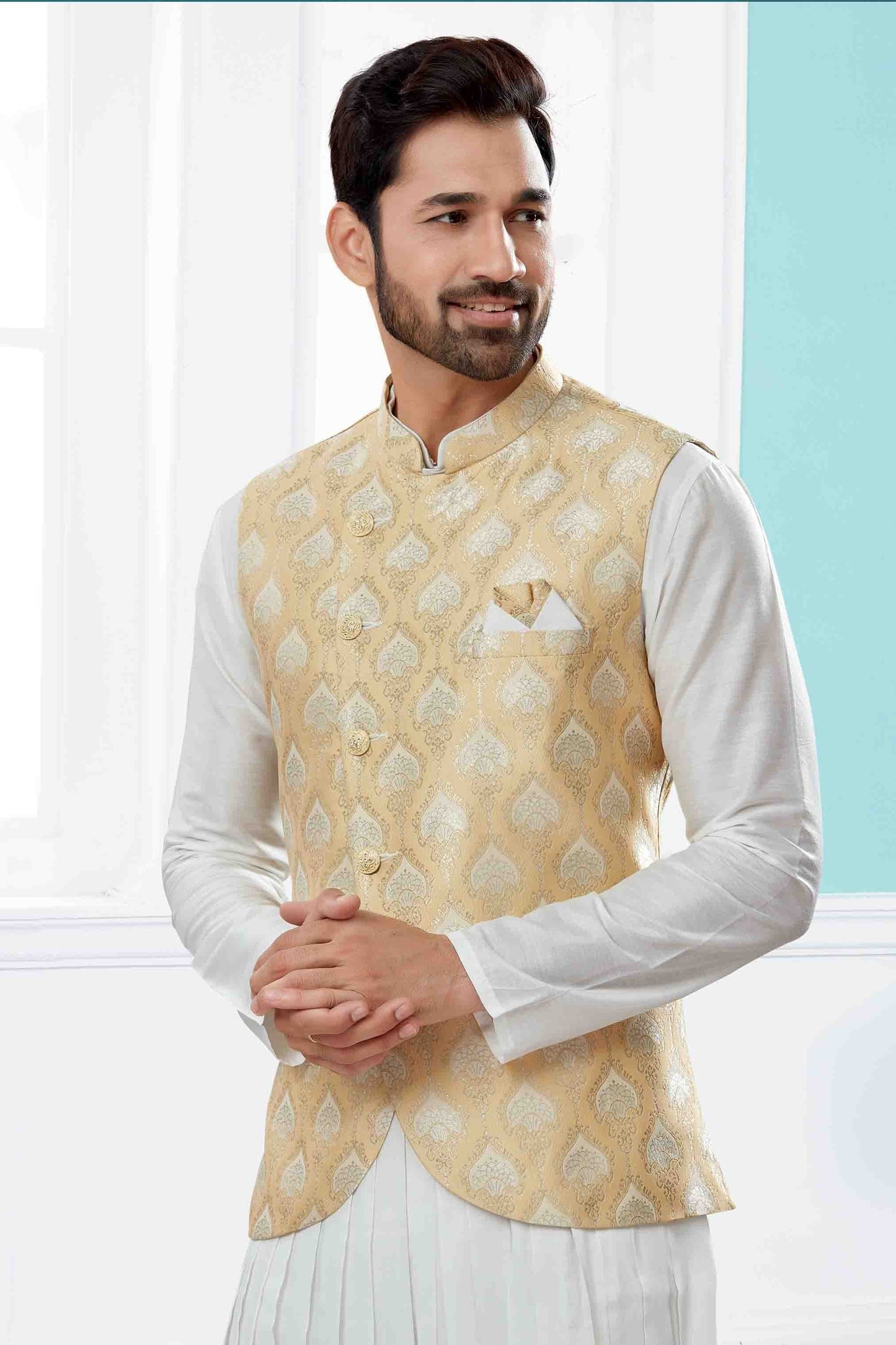 Off White and Gold Colour Indo Western In Silk Dupion Fabric SH1040469 A