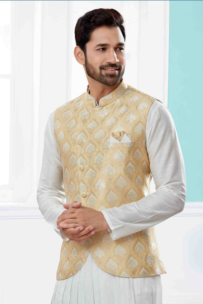 Off White and Gold Colour Indo Western In Silk Dupion Fabric SH1040469 A