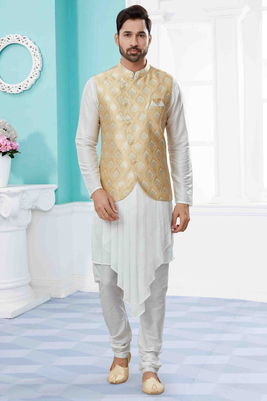 Off White and Gold Colour Indo Western In Silk Dupion Fabric SH1040477