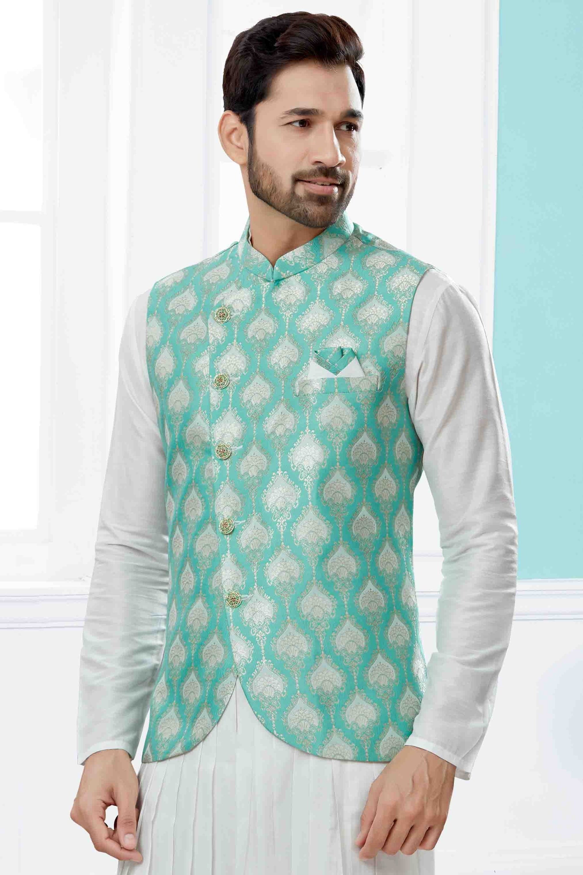 Off White and Green Colour Indo Western In Silk Dupion Fabric SH1040476 A