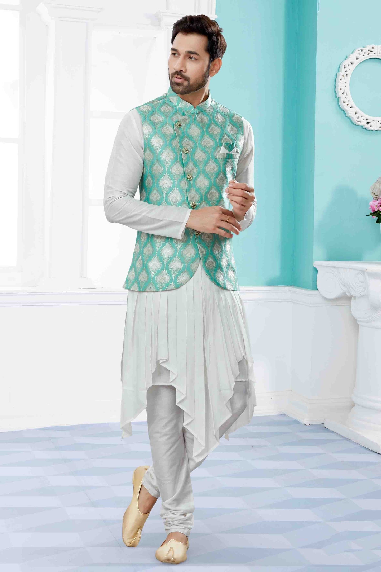 Off White and Green Colour Indo Western In Silk Dupion Fabric SH1040476