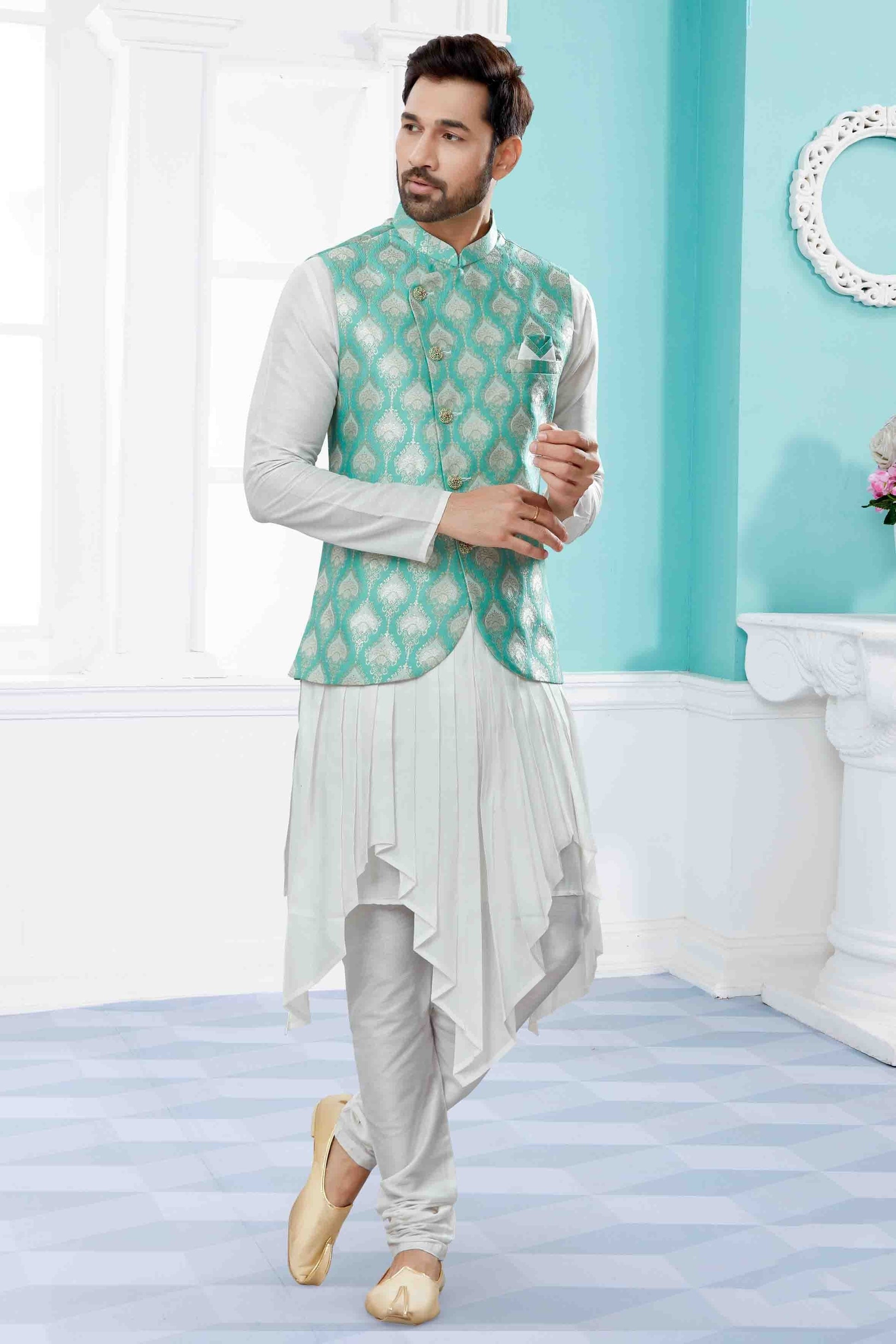 Off White and Green Colour Indo Western In Silk Dupion Fabric SH1040476