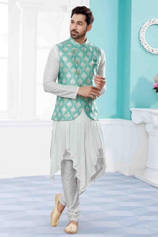 Off White and Green Colour Indo Western In Silk Dupion Fabric SH1040476