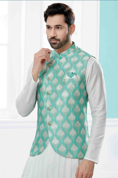 Off White and Green Colour Indo Western In Silk Dupion Fabric SH1040478 A