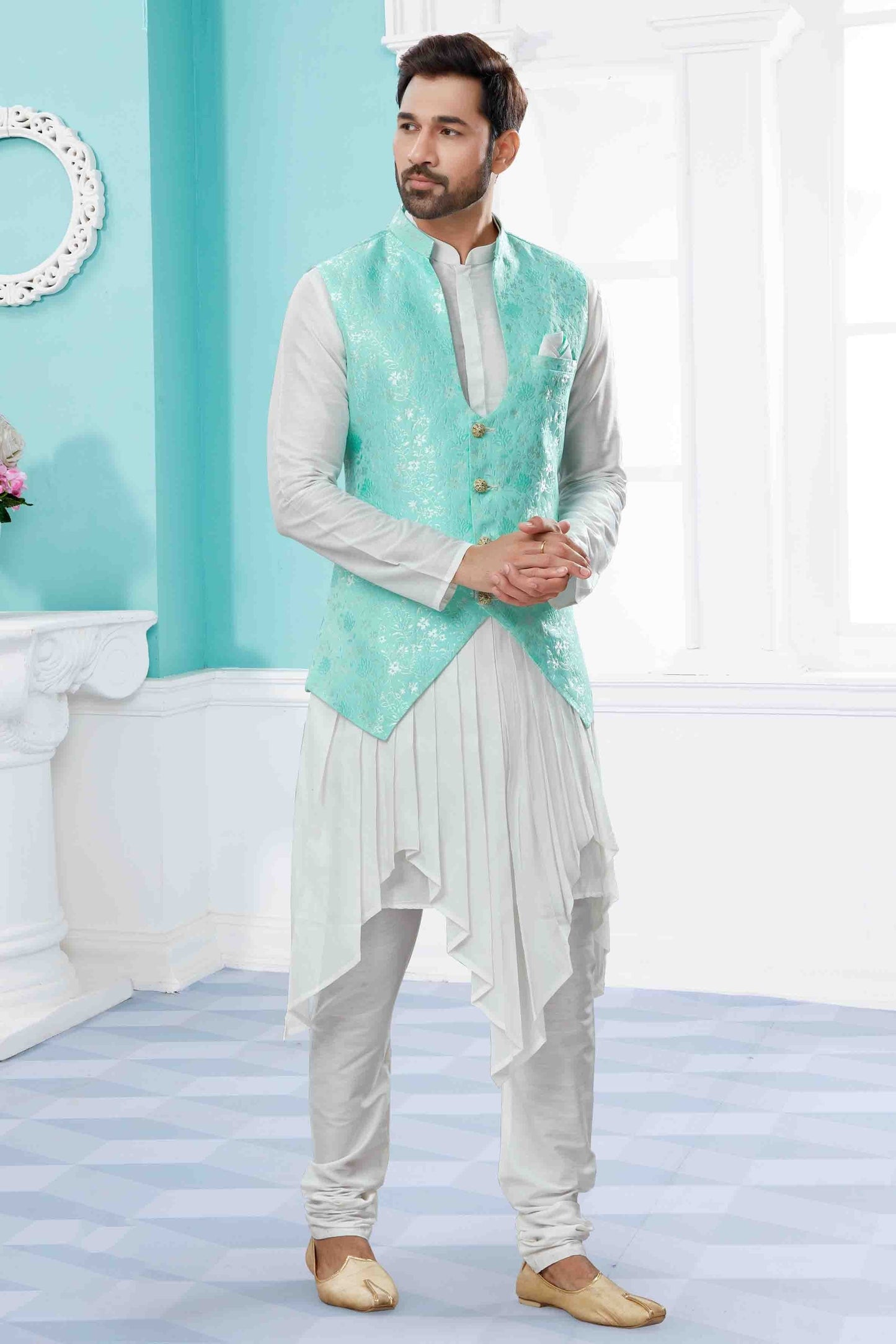 Off White and Green Colour Indo Western In Silk Dupion Fabric SH1040481