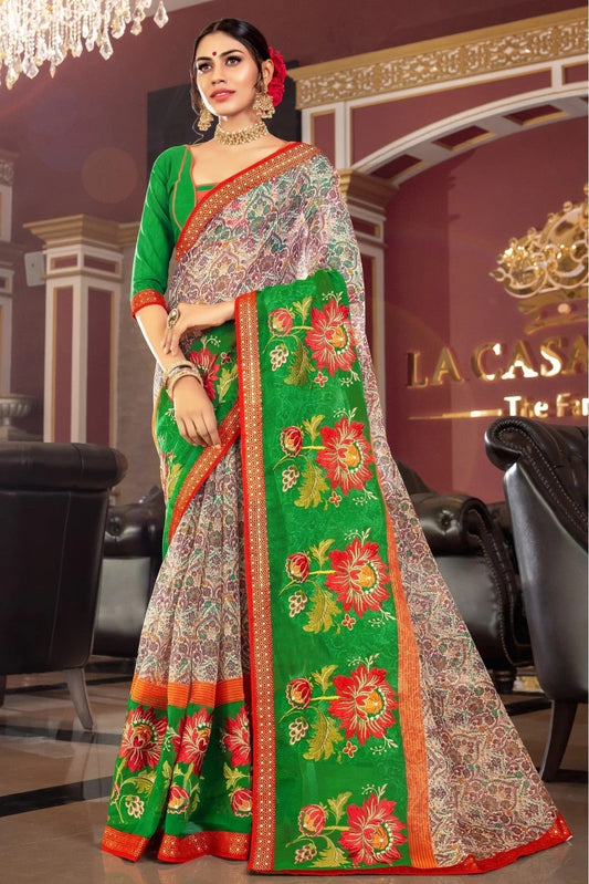 Off White and Green Colour Kota Printed Saree SD1100754