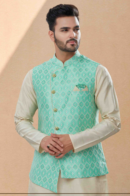 Off White and Green Colour Kurta Pajama With Jacket In Silk Dupion Fabric KP1040463 A
