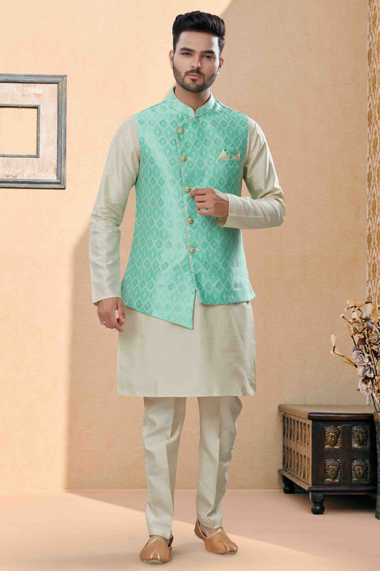 Off White and Green Colour Kurta Pajama With Jacket In Silk Dupion Fabric KP1040463