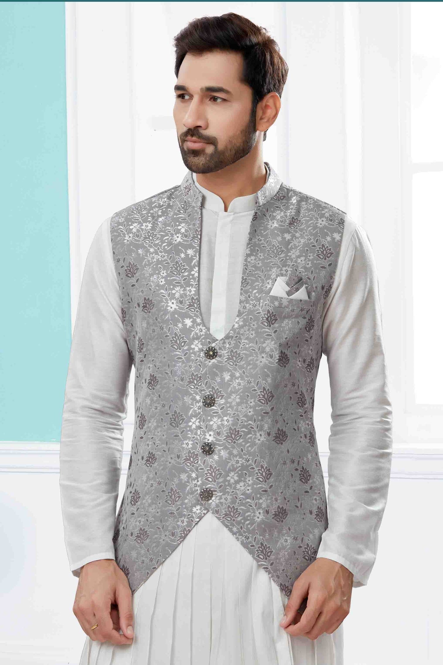 Off White and Grey Colour Indo Western In Silk Dupion Fabric SH1040479 A