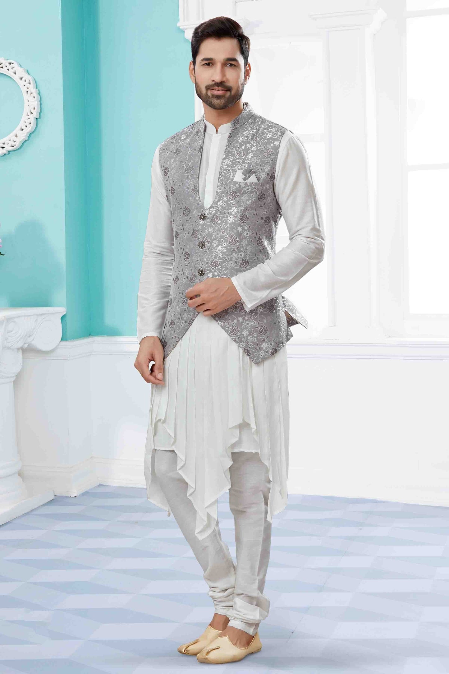 Off White and Grey Colour Indo Western In Silk Dupion Fabric SH1040479