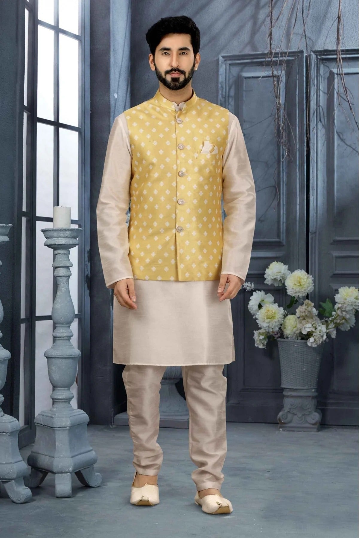 Off White and Yellow Colour Kurta Pajama With Jacket In Silk Dupion Fabric KP1040191