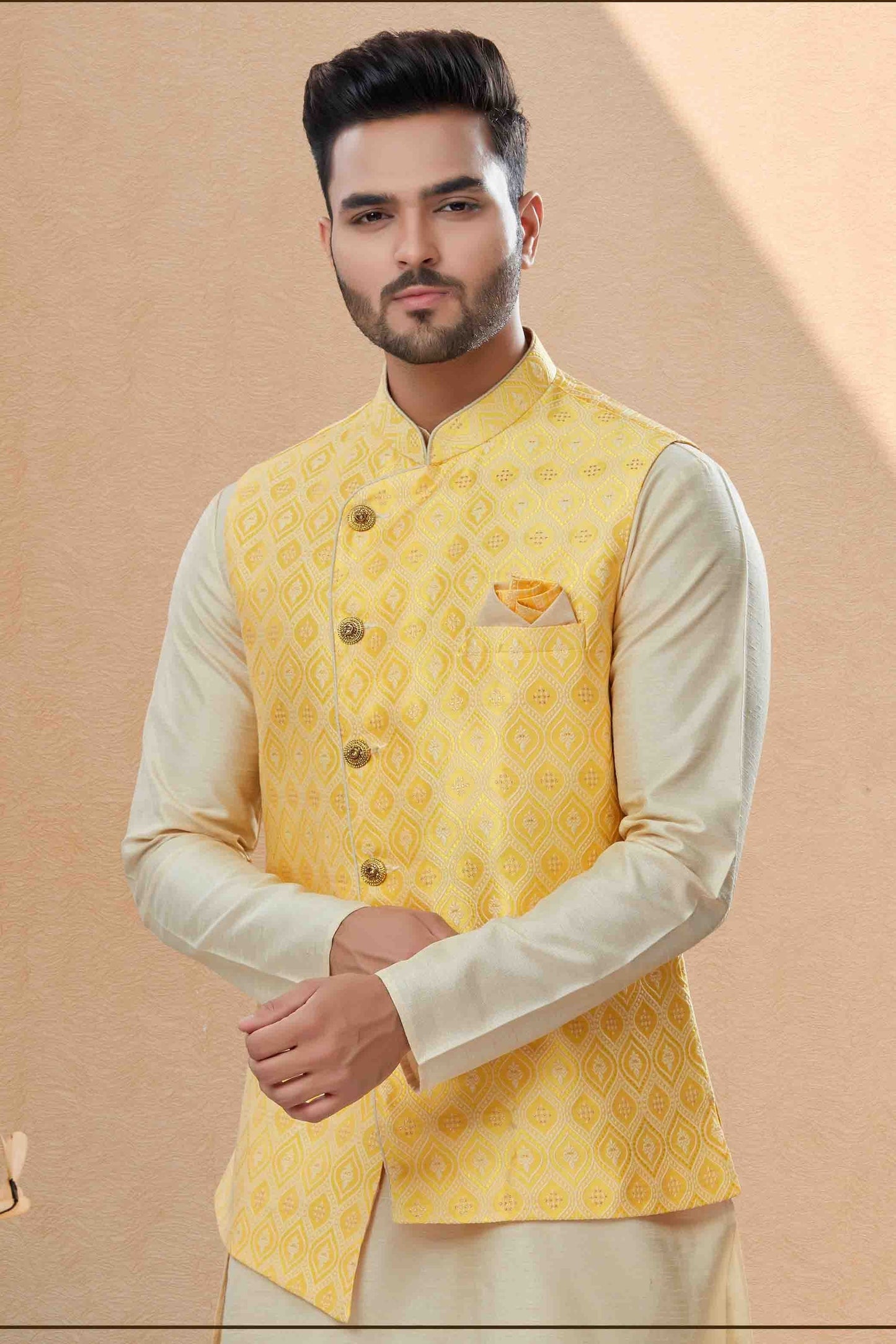 Off White and Yellow Colour Kurta Pajama With Jacket In Silk Dupion Fabric KP1040464 A
