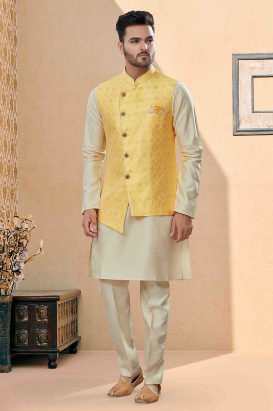 Off White and Yellow Colour Kurta Pajama With Jacket In Silk Dupion Fabric KP1040464