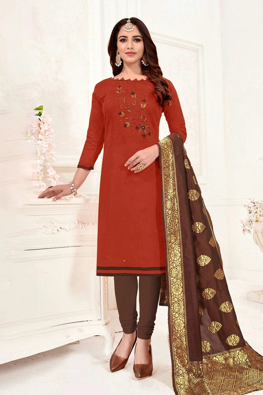 Olive Brown Colour Unstitched Slub Cotton Churidar Suit US1161214
