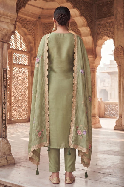 Olive Colour Gold Silk Embroidery Work Pant Style Suit