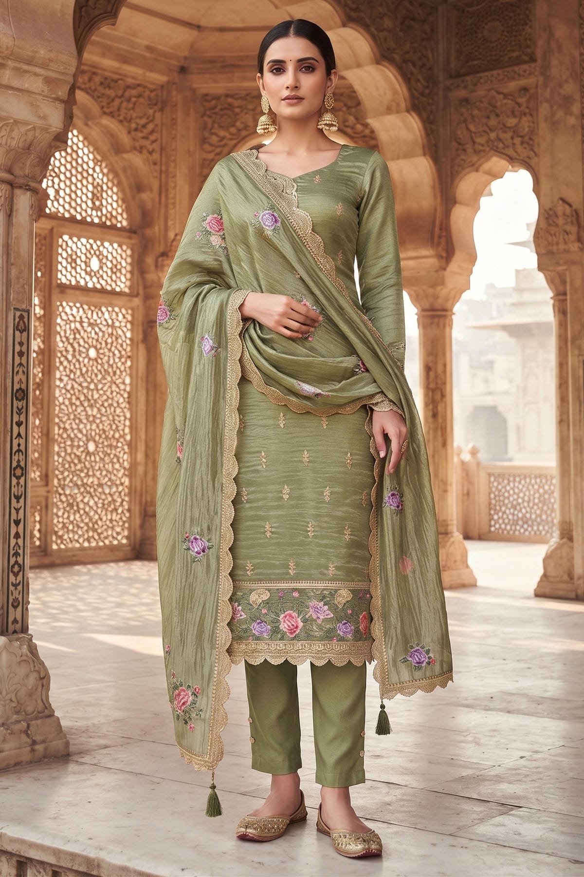 Olive Colour Gold Silk Embroidery Work Pant Style Suit