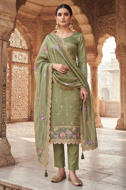 Olive Colour Gold Silk Embroidery Work Pant Style Suit