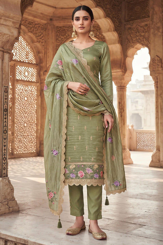 Olive Colour Gold Silk Embroidery Work Pant Style Suit
