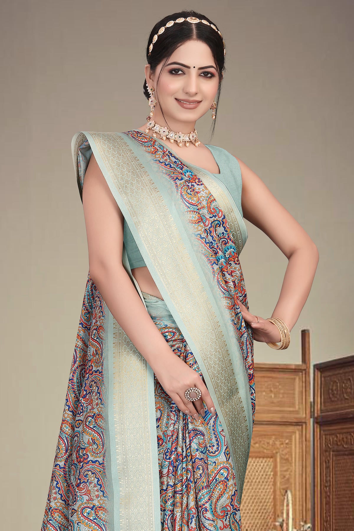 Olive Green Colour Cotton Silk Printed Saree
