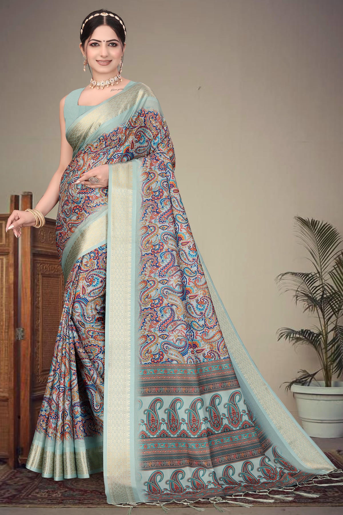 Olive Green Colour Cotton Silk Printed Saree