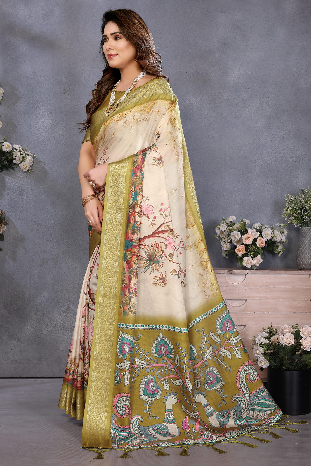 Olive Green Colour Cotton Silk Printed Saree